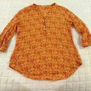 Grand & Greene White Orange Long Sleeve V-Neck Pull On Top Womens L